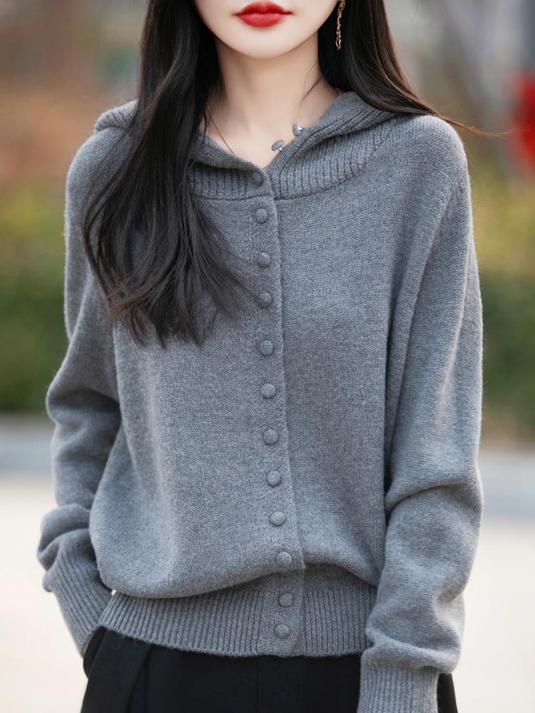 Women's Trendy Multi-Button Hooded Cardigan Sweater - Autumn/Winter Knit Outerwear, Loose & Stylish Ins Design