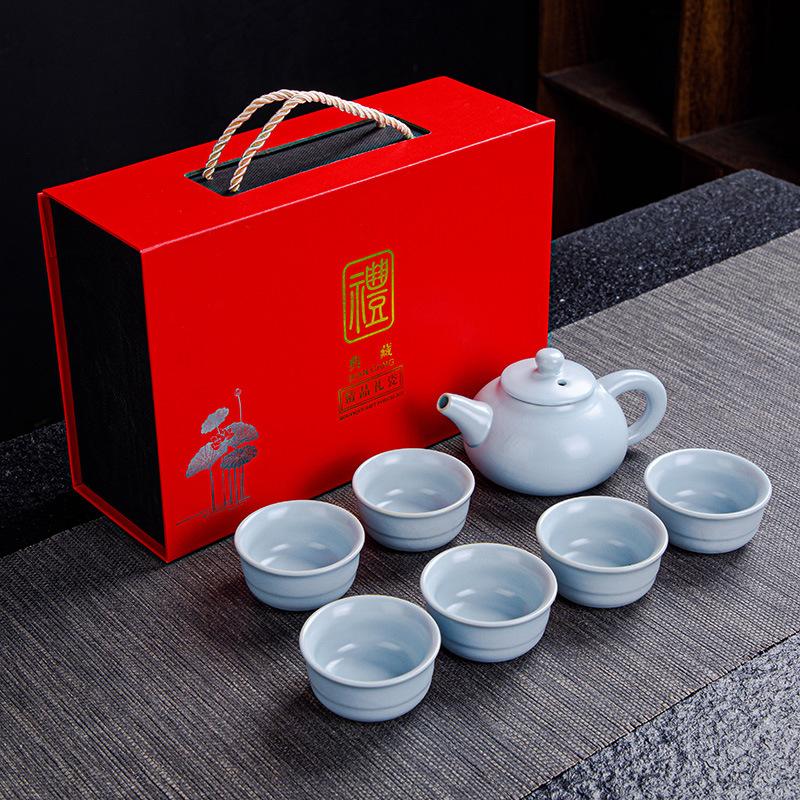 

Ceramic Kung Fu Tea Set Gift Business Gift Set Ge Kiln Ru Kiln One Pot Six Cup Gift Box Ice Cracked Glaze