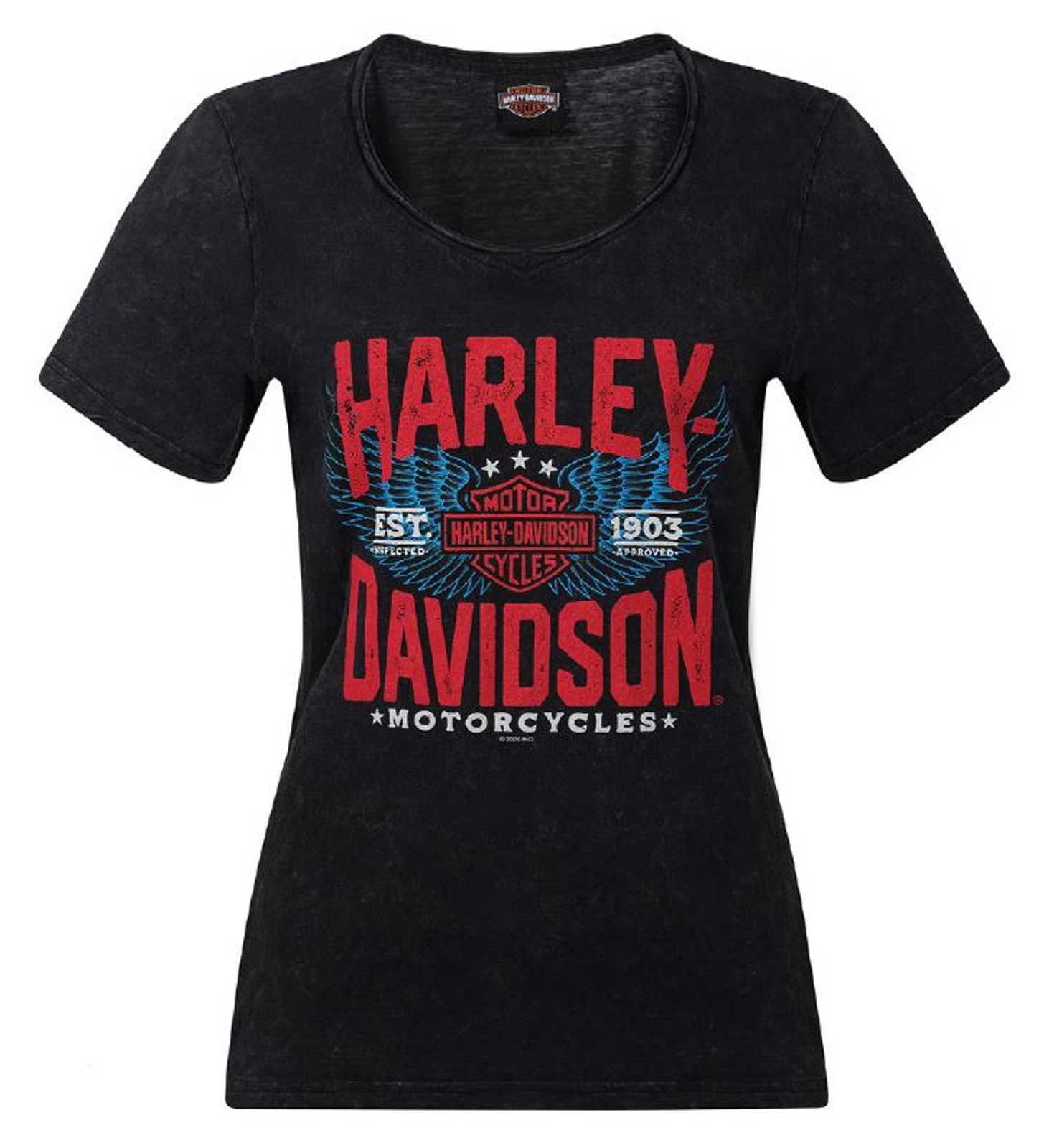 Harley-Davidson Women s Takeoff Distressed Short Sleeve Tee, Black Acid Wash 3XL