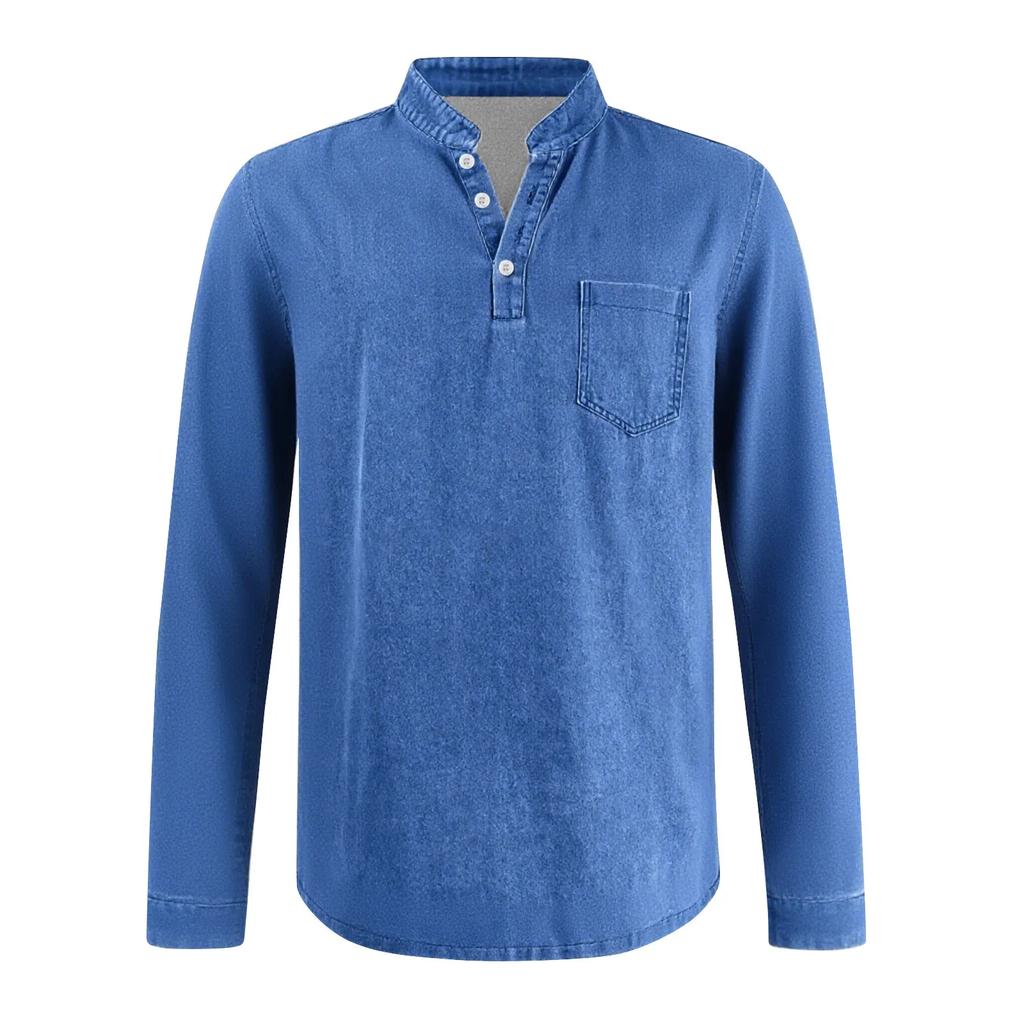 Men's Henley Long Sleeve T-Shirt Vintage Washed Denim Casual Tops Button Down Crew Neck Loose Fit Daily Streetwear for Men