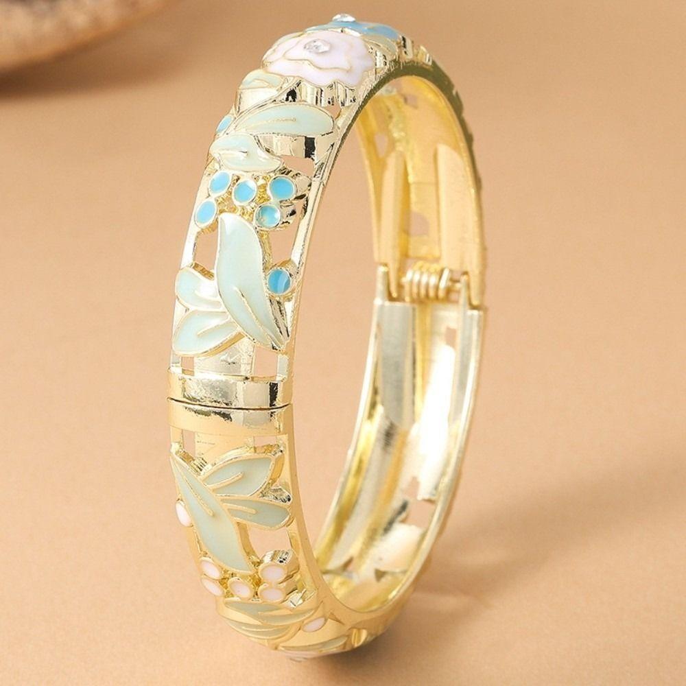 Colorful Vintage Cloisonne Bangle Enamel Floral Chinese Flower Crystal Bangle Ethnic Traditional Women's Hand Bracelet Girls