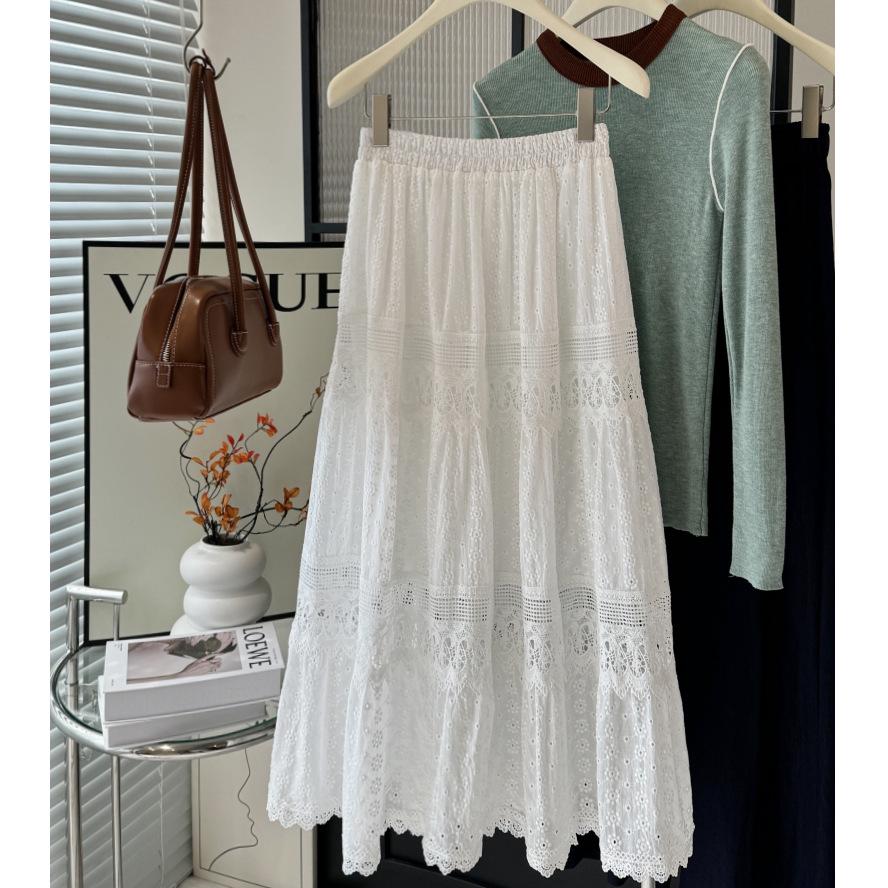 

Миди-юбка А-силуэта - Кружевная вышивка, Ажурный дизайн, Весенне-летняя мода для женщин One Size белый