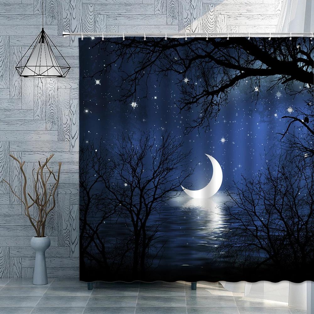 Tree Under Teal Full Moon Shower Curtain Black and Blue Foggy Forest Nature Night Sky Landscape Bath Curtain for Bathroom Decor