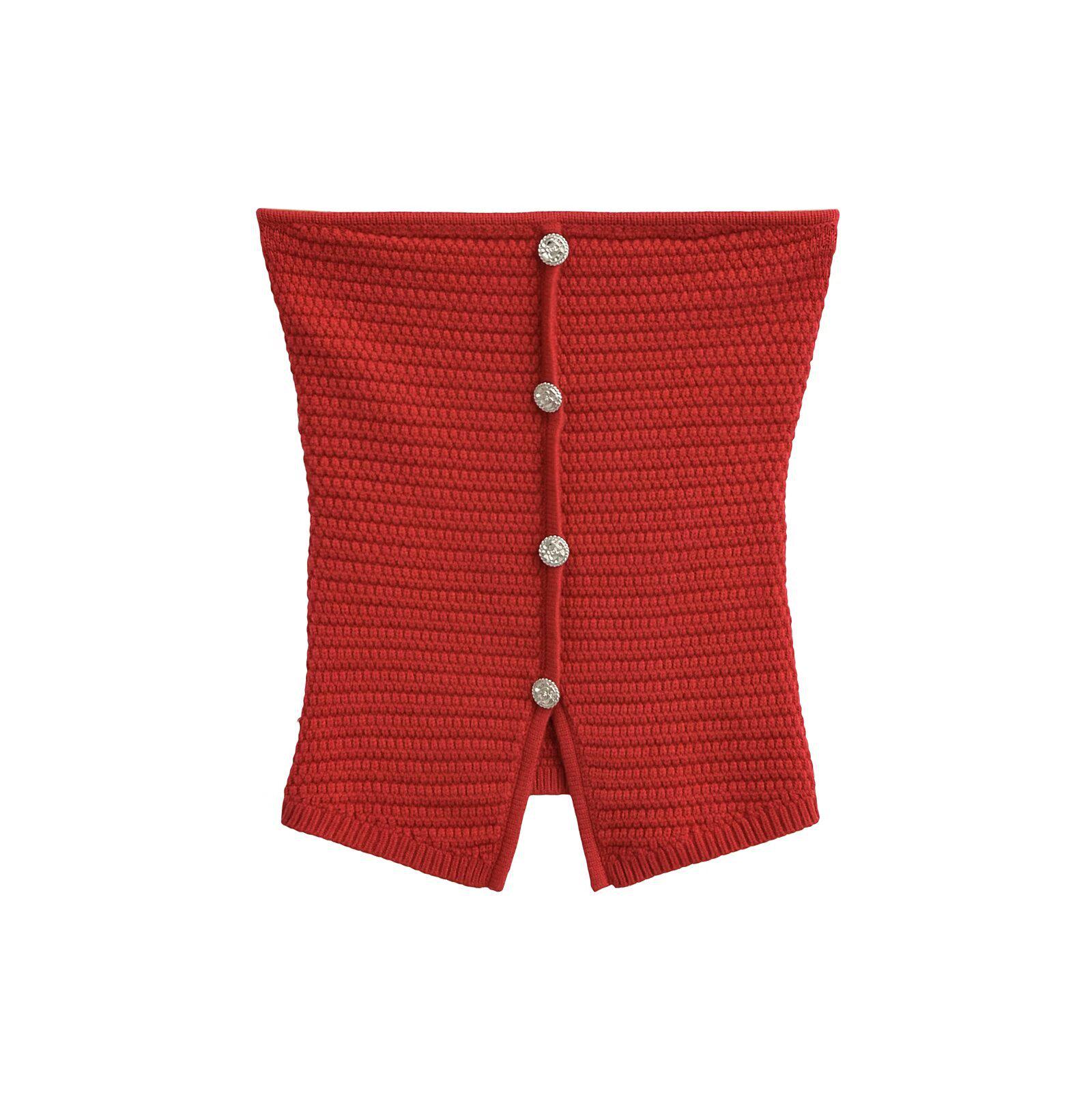 

2025 Spring/Summer Women s Chic Tube Top Vest with Button Details Small brick червоний колір