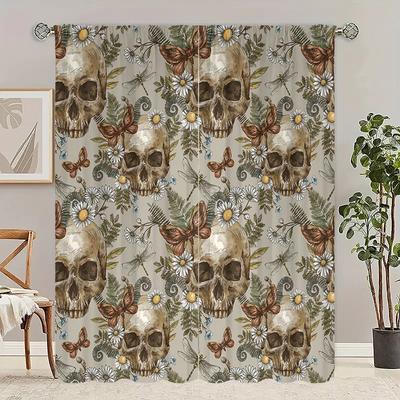 2 Pieces- Butterfly and Skull Polyester Fabric Curtains, Bathroom, Bedroom, Living Room Room, Family Space Decorative Curtains