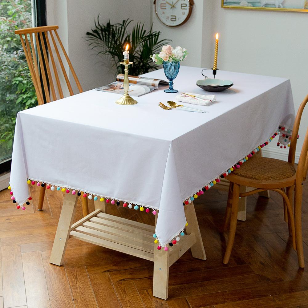 Nordic Tablecloth Solid Color Color Ball Table Cover Cotton And Linen Tablecloth Christmas Party Decoration Fabric White
