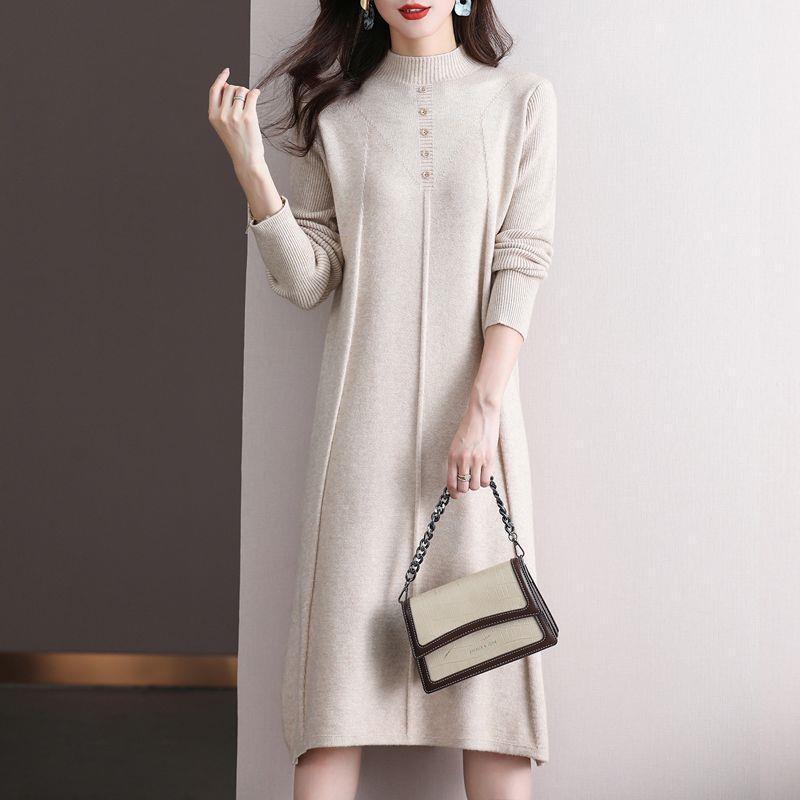 2025 Women's Elegant Half-High Collar Wool Knit Dress for Autumn and Winter