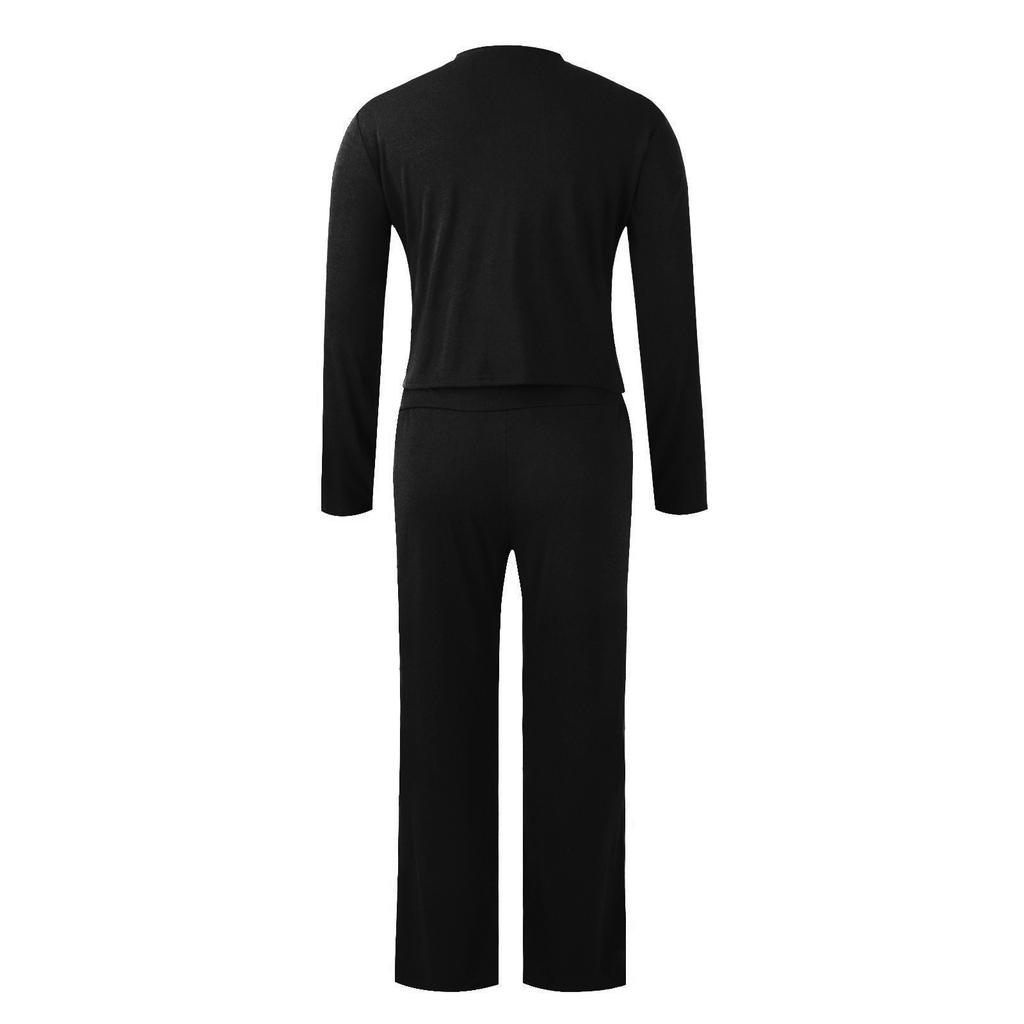 Damen-Set, modisch, einfarbig, Rundhalsausschnitt, Langarm, Oberteil, weites Bein, Hose