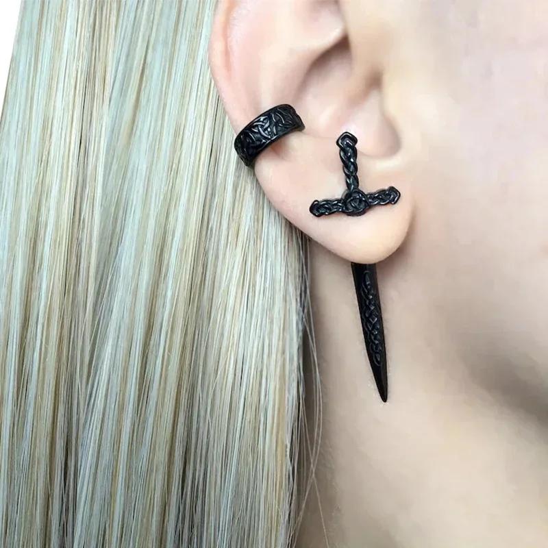Gothic Kinitial Punk Sword  Piercing Earrings for Women&Men Goth Pattern Ear Jacket Dagger Stud Earring Jewelry
