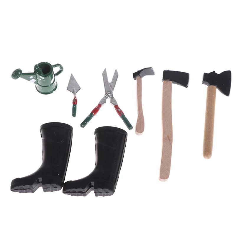 Hot 1:12 Dollhouse Mini Garden Implement Watering Can Scissors Axes Shoes Rake Garden Pool Doll Decor Accessories