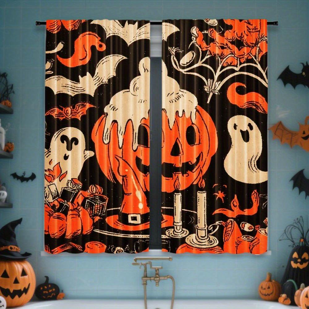 2PCS Halloween Curtains, Ghost Pumpkin Bat Black, Digital Print, Bedroom Living Room, Office, Polyester, Window Drapes