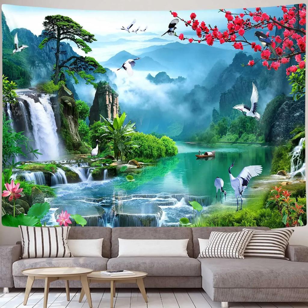 VIKAMA Anime Landscape Tapestry Japanese Mountain Cherry Blossom Tapestry Cherry Blossom Village Art Wall Bedroom Tapestry