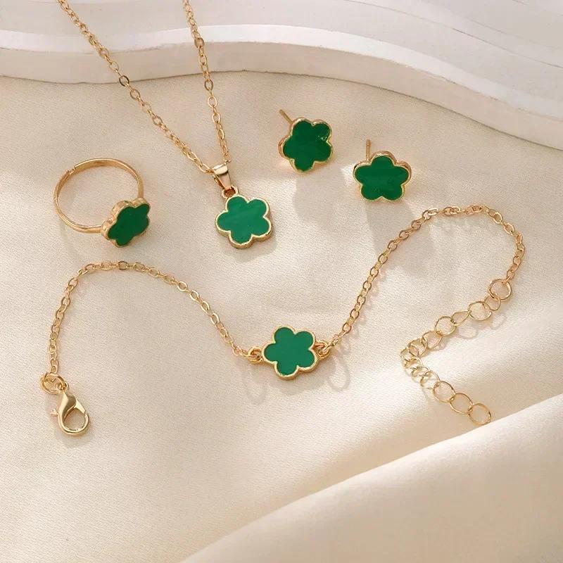 

Lucky Five-petal Flower Clover Earrings Necklace Ring Bracelet Four-piece Set for Woman Fashionable Accessories Party Jewelry зелений