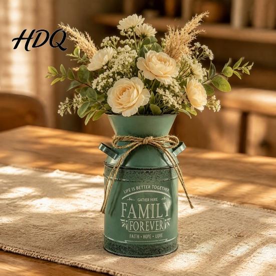 Country Style Interior Ornament Vintage Metal Milk Can Vase Farmhouse Iron Flower Bucket with Handles & Jute Modern Home Living Room Accent