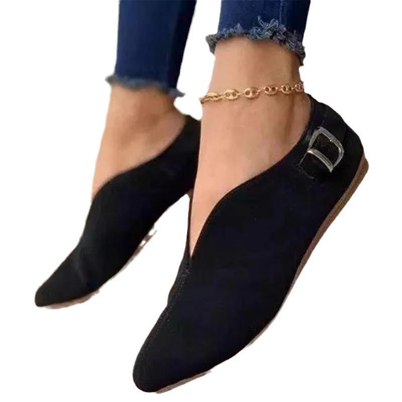 Autumn New Pointed Head Shallow Mouth Suede Buckle Single Shoes Breathable Low-top Casual Shoes Women