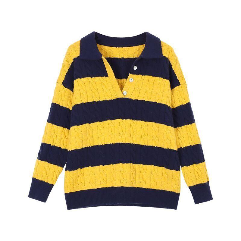 

Kumikumi American Retro Stripes Lapel Long Sleeves Sweaters Women s Clothing Fall Loose Slimming and All-Matching Anti-Aging Top Yellow S