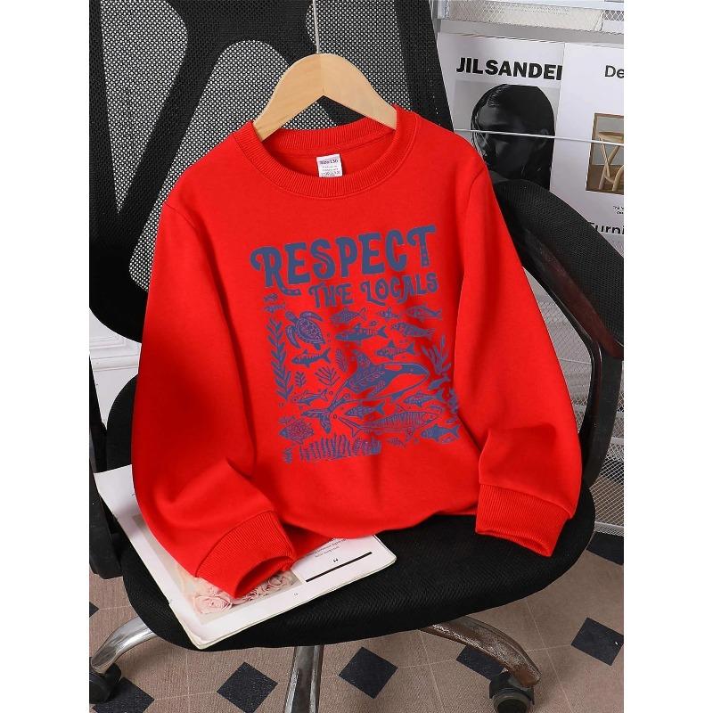 Kids Crewneck Sweatshirt, Respect The Locals Sea Life Graphic Print,Spring Autumn Casual Sport Tops