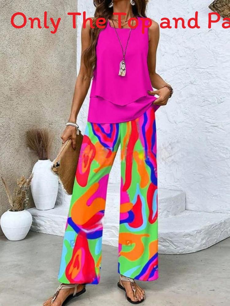 Womens Sleeveless Double Layer Pantsuit With 3d Print For Summer Casual Wear