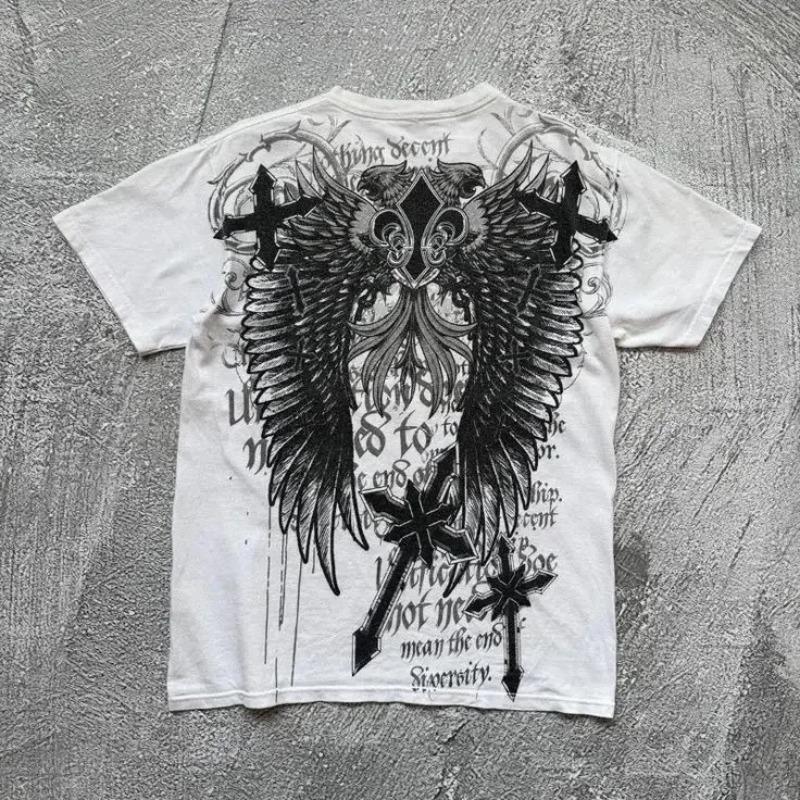 Y2K Red Gothic Thorn Totem Printing Harajuku Style T Shirt High Street Broken Feeling Mens Short Sleeves Couple Collocation