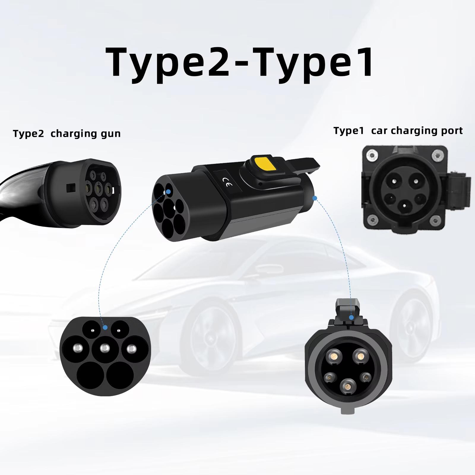 Type 2 to Type 1 EV Charger Adapter 32A Convert IEC 62196 Charger to J1772 Socket for Single-Phase Electric Cars Type2 to Type1