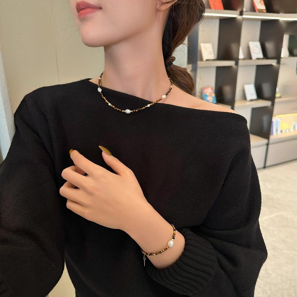 Maillard Tiger'S Eye Stone Freshwater Pearl Necklace Niche Design Necklace Bracelet Autumn And Winter Personality Fritillary Clavicle Chain Women
