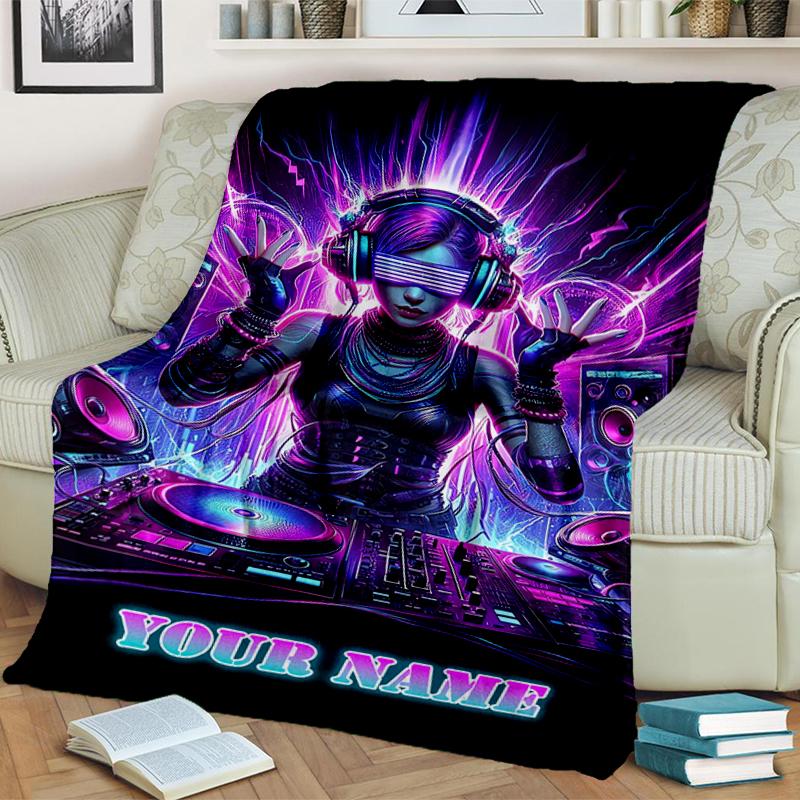 1PC Custom Name Neon Cyberpunk DJ Vibes flannel blanket versatile,all-season throw suitable for the living room,bedroom,camping,travel,and gift