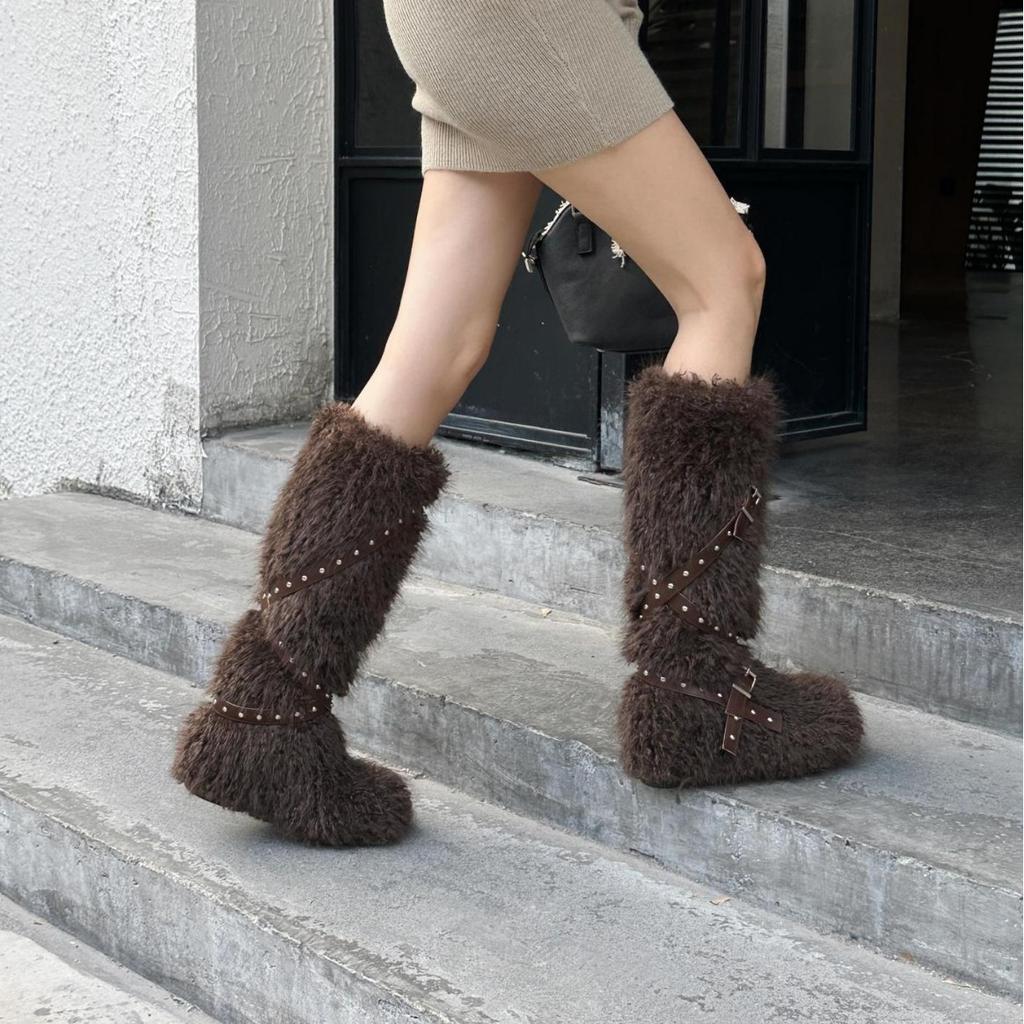 2025 autumn and winter new fashion flat-bottomed fluffy fashion boots women's thick-soled trend warm plush boots women