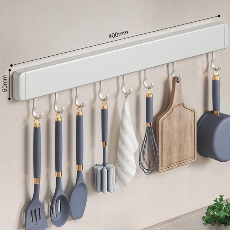 Non-perforated Kitchen Storage Rack Wall Mounted Shelves Kitchen Utensil Accessories with Movable Hook Spoon Holder Organizer