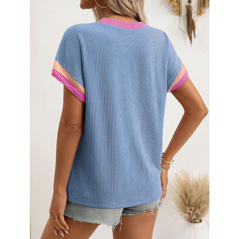 Summer Round Neck Outer Seam Short Sleeved Loose Color Blocked Textured Women's T-shirts