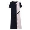 Chic Color-Block High-End Chiffon Midi Dress with Round Neck and Waist-Cinching Design for Women
