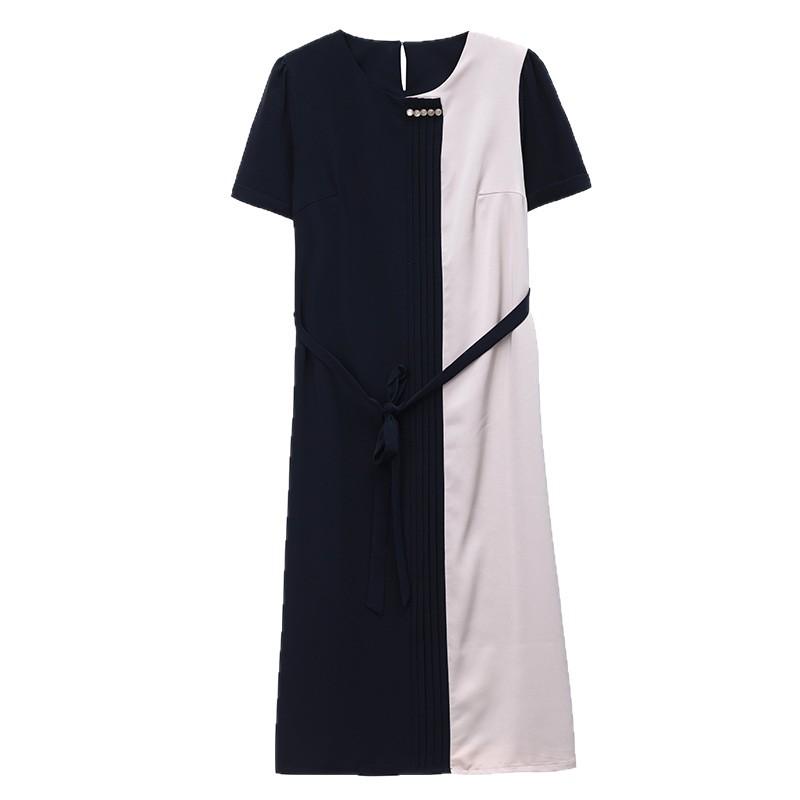 Chic Color-Block High-End Chiffon Midi Dress with Round Neck and Waist-Cinching Design for Women
