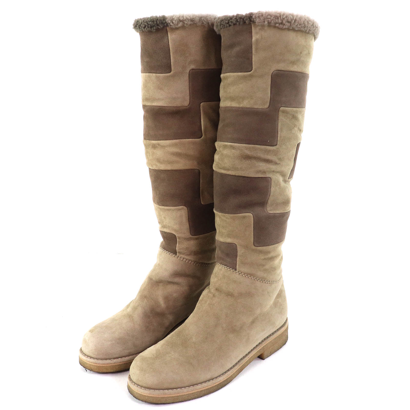 Great HERMES Knee-high boots Margiela period H motif suede leather mouton Beige Used