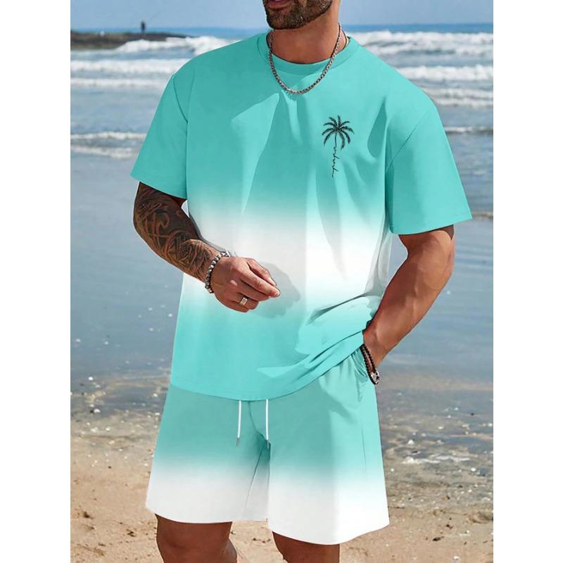 Herren Kurzarm Set Farbverlauf Print T-Shirts Shorts mit Kordelzug Urlaubsstrand Kurzarm Oberteil Shorts Zweiteiliges Set