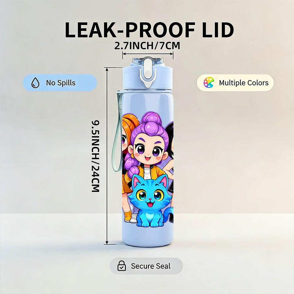 1PC Bright Color Girl Squad Cartoon Print 750ml Color Plastic Sports Water Bottle Leakproof Flip Straw Lid Suitable for Sports Office Home Use