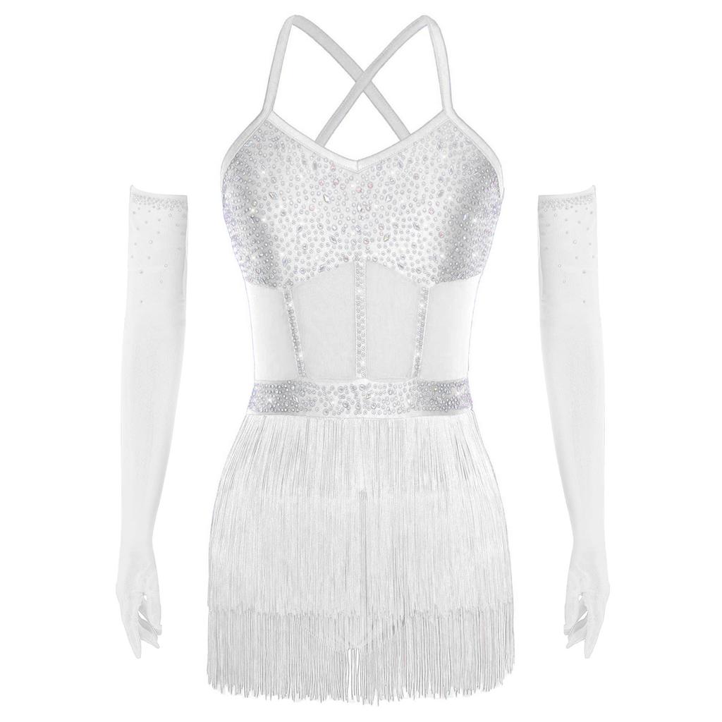 Womens Sheer Mesh Patchwork Bodysuit Dress Tiered Tassel Design Long Gloves Shiny Rhinestone Latin Dance Dress