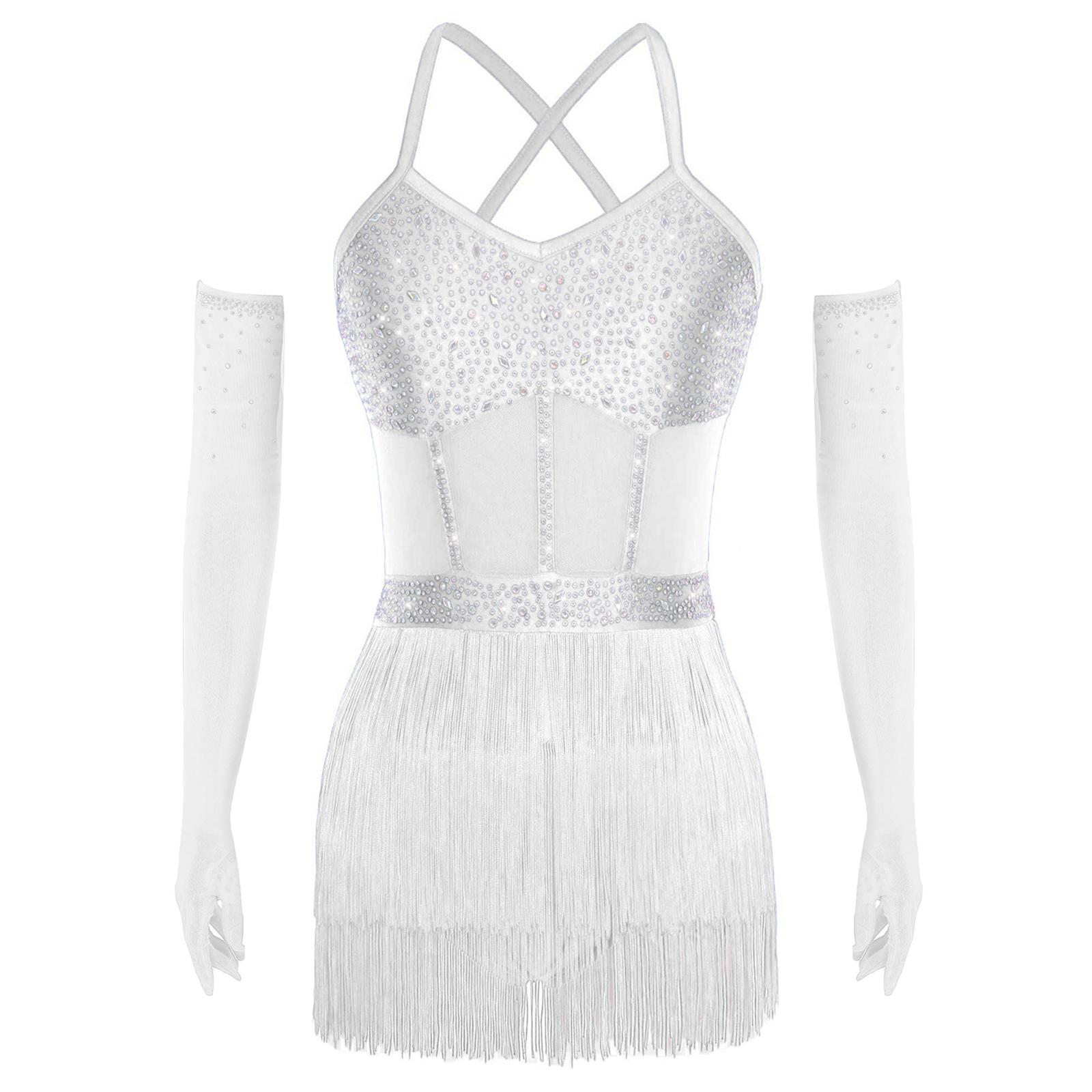 

Womens Sheer Mesh Patchwork Bodysuit Dress Tiered Tassel Design Long Gloves Shiny Rhinestone Latin Dance Dress M білий