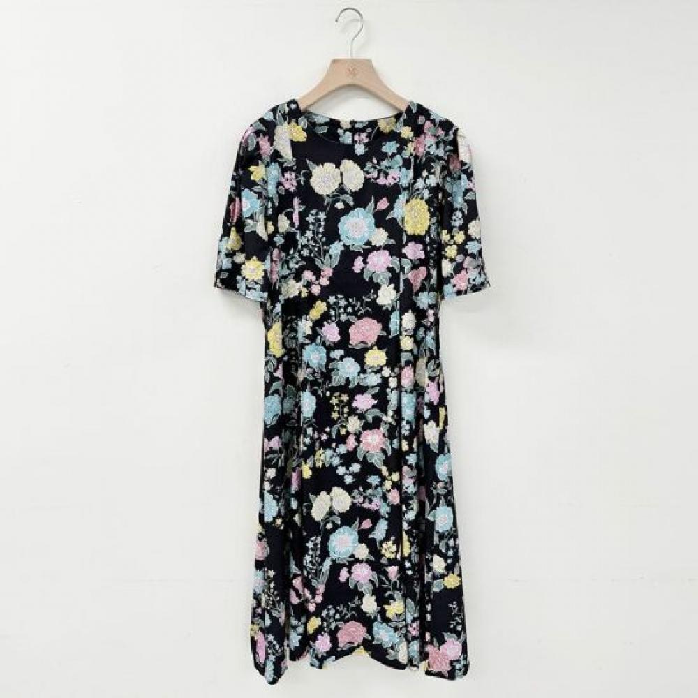 Mizqz Garden Flower Waist Ribbon Puff Sleeve Vacation Long Dress