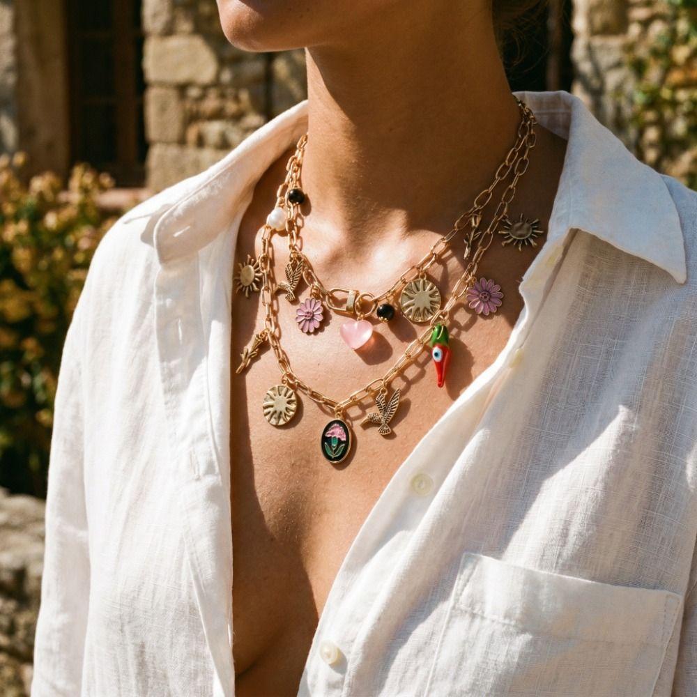 Multilayer Stacked Flower Pendant Necklace Flying Bird Bohemian Collarbone Chain Spring/Summer