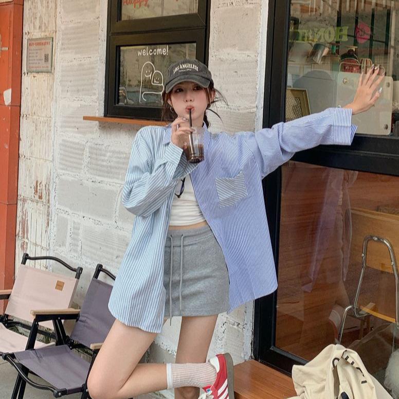 

Women s Retro Color Block Striped Long Sleeve Shirt - Autumn Spring Loose Fit with Lapel L синій/рожевий