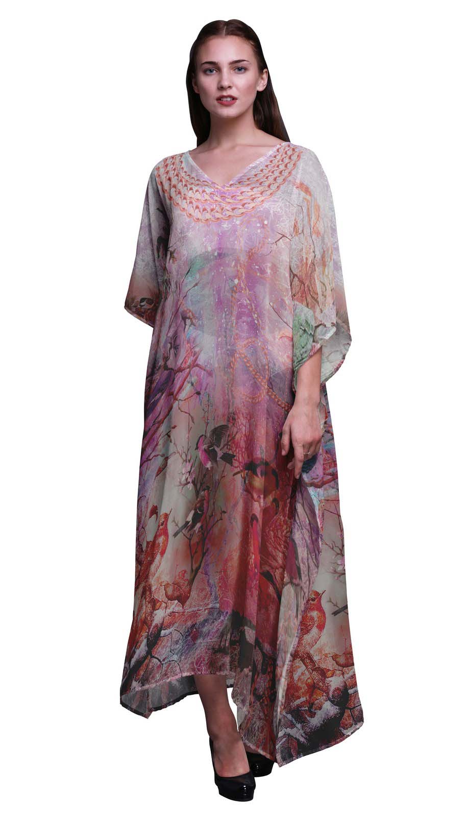 

Phagun Sparrow Bird Long Caftan Maxi Dress Beach Swimwear Cover up Womens XL-3X лососевий