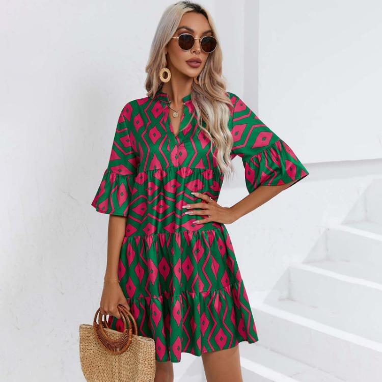 Rochie de vară pentru femei cu talie înaltă, croială A, mânecă scurtă, cu imprimeu etnic, cu șireturi