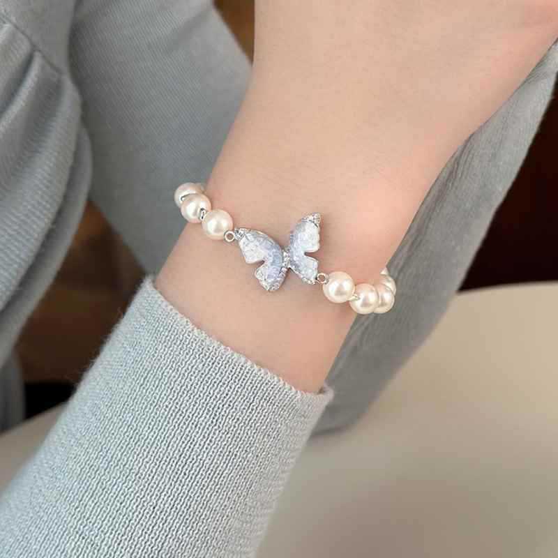 Temperament Super Immortal Light Luxury Pearl Zircon Pearl Bracelet Crystal Butterfly ins Style Bracelet French Fashion Jewelry Women