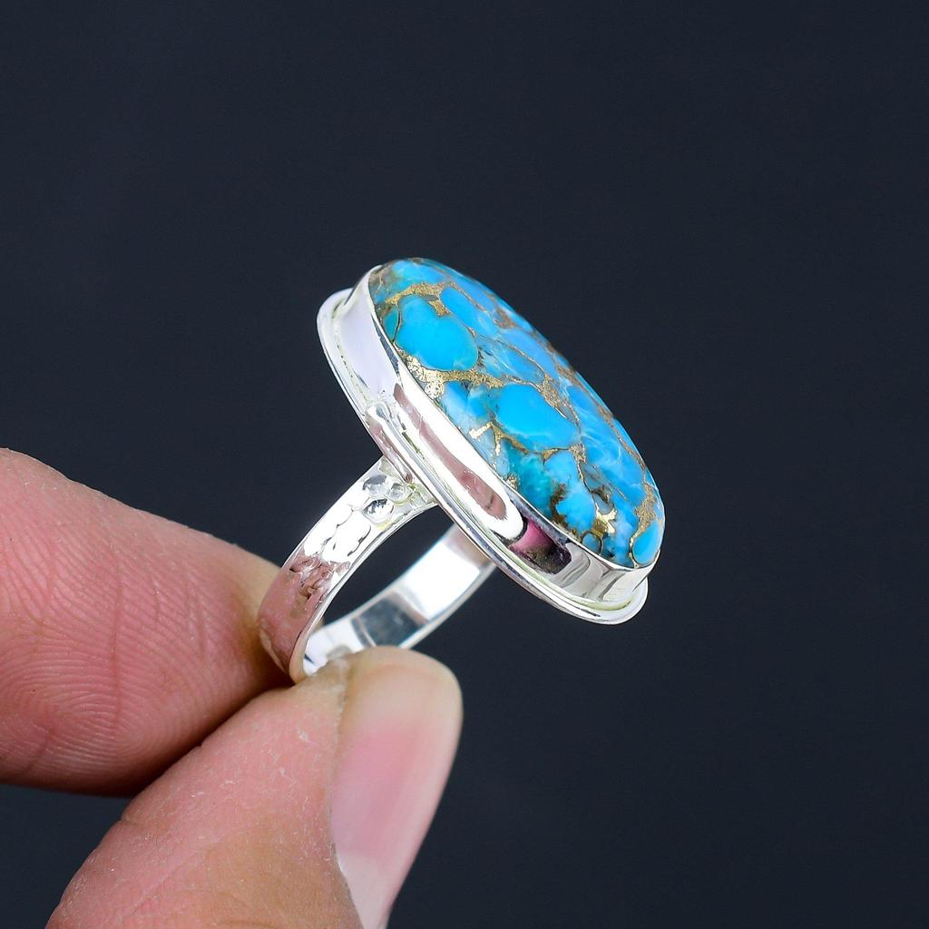 Niebieski Turkus Miedziany Kamień Szlachetny Solidne Srebro Próby 925 Ręcznie Robiony Pierścionek z Owalnym Kamieniem Szlachetnym Biżuteria Prezent dla Kobiet i Dziewcząt