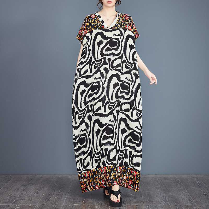 

Летнее Новое Свободное Хлопково-Шелковое Платье-Халат с Принтом в Богемном Стиле с V-образным Вырезом Женщина L
