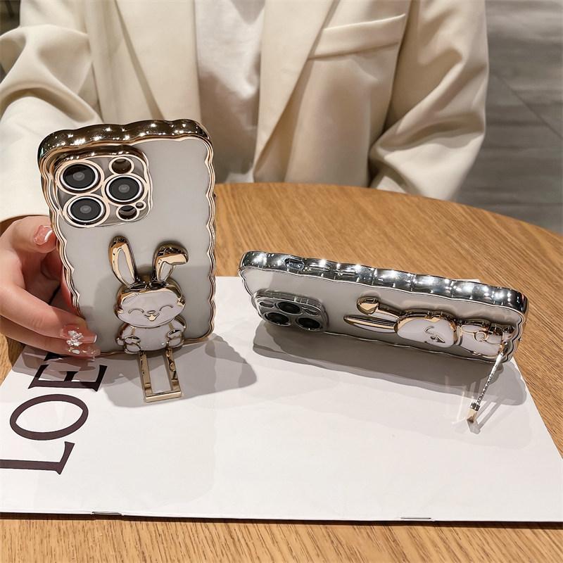 3d Cute Rabbit Stand Holder Phone Case For Iphone 14pro 13 12 11 14 Pro Max 14 Plus 14 Clear Shockproof Curly Wave Plating Cover