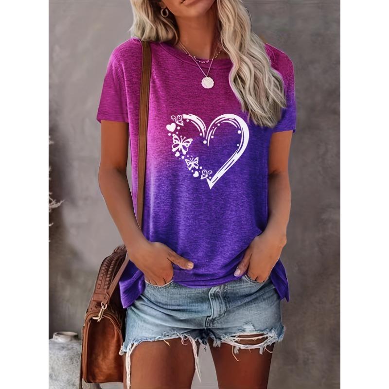 Heart shaped butterfly pattern print contrasting tie dye gradient fashion daily casual round neck short sleeved T-shirt women's new women's top