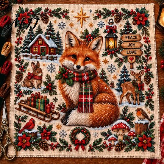 Home Decor Embroidery Patterns Christmas Animal Cross Stitch Kit, Holiday Starter Seasonal Needlepoint Pattern, Festive Craft Kit for Adults