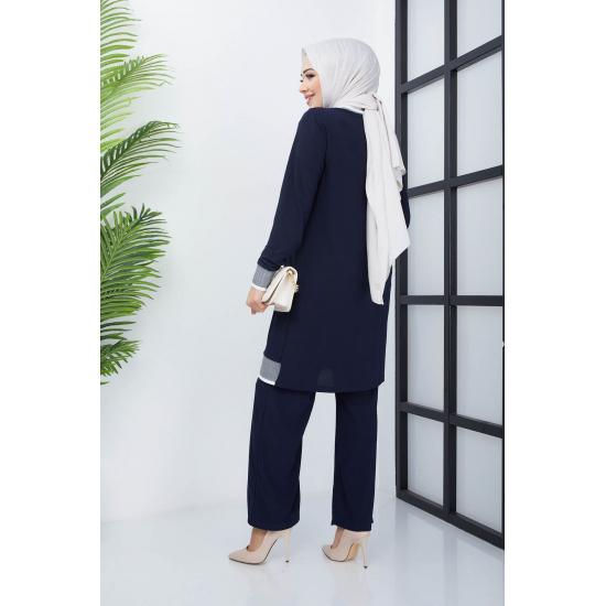 Islamska szafa damska prążkowana tunika spodnie garnitur hidżab