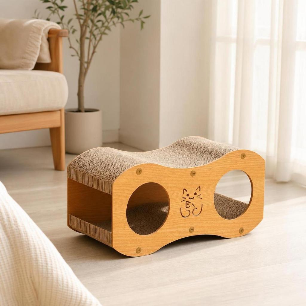 Cat Scratcher House with Tunnel Wood-Grain Pet
