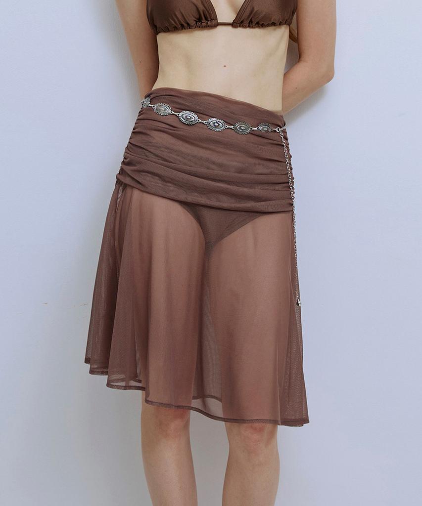 PISCESS Solid Mesh Shirred Skirt_Brown
